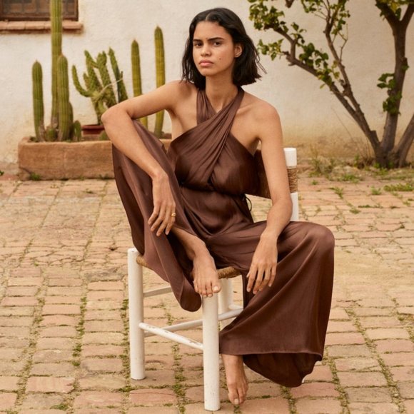 NWT Mango LIMITED EDITION silky look satin jumpsuit in brown - Picture 2 of 10